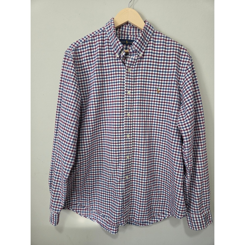 Polo Ralph Lauren Mens XL Gingham Check Button Down Shirt Navy Burgundy Cotton